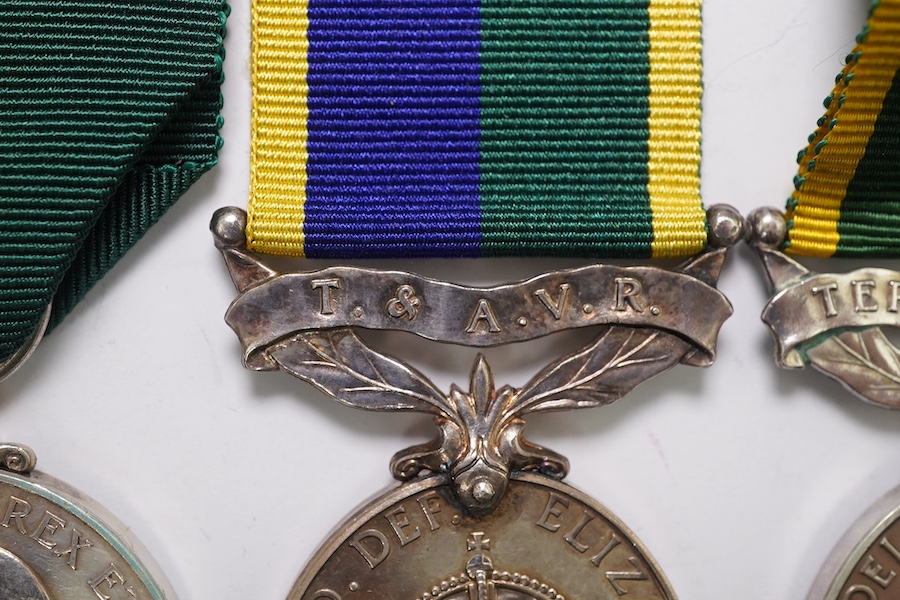 Six assorted Efficiency medals; GV (C) India to Pte.F.S.Slee,1 E.I.RY.R.,A.F.I.;GV (A) Territorial to 477046 Sjt H.W.Pawley, R.A.M.C.; GVI Militia to 2313197 Sclmn.S.H.Dummer, R.Signals.; GVI Territorial to 1434970 Gnr C